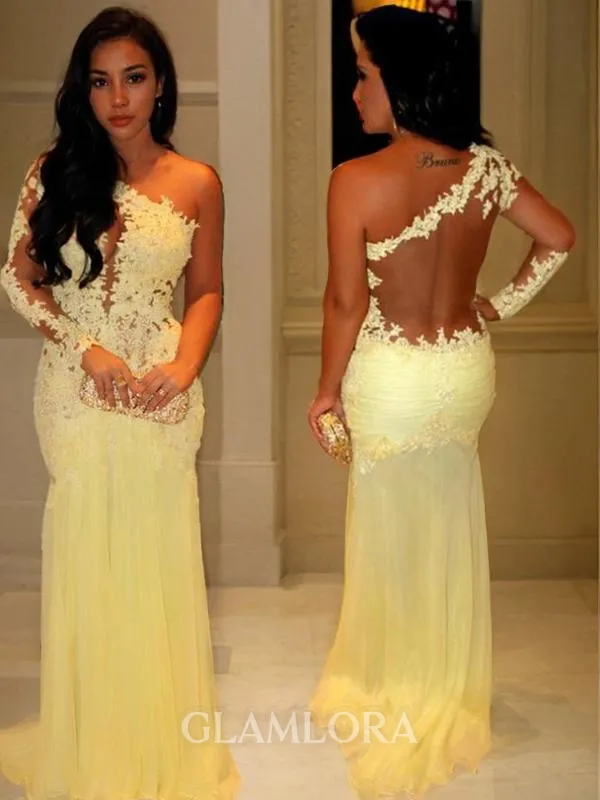 Sheath/Column One-Shoulder Long Sleeves Straight-cut Sweep Train Chiffon Prom Dress With Applique