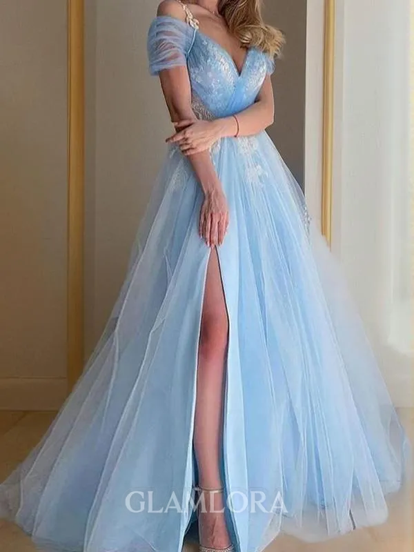 A-line Princess V-Neck Short Sleeves Sweep Train Sophisticated Tulle Prom Dress