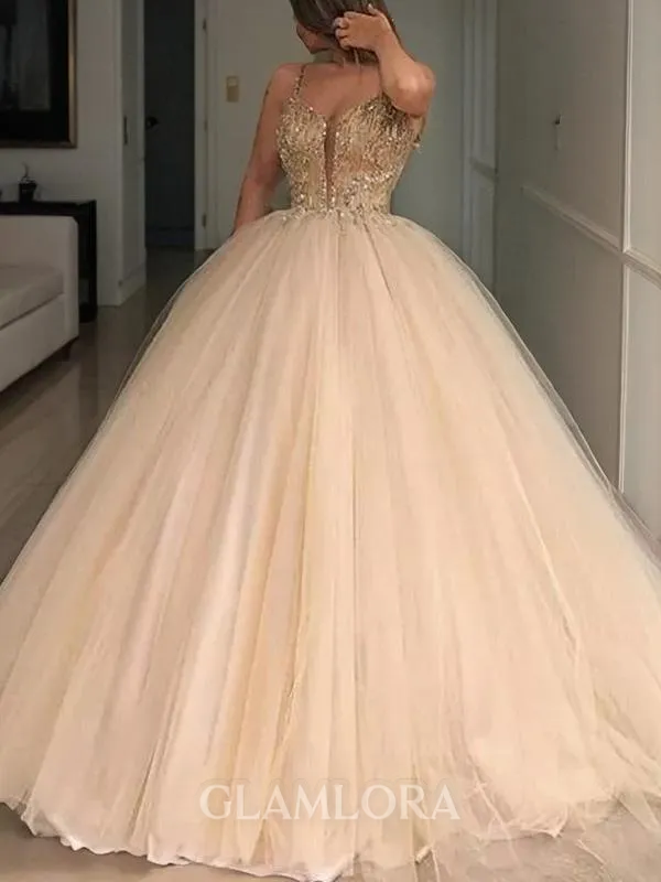 Ball-Gown Princess V-Neck Sleeveless Floor-Length Tulle Flowy Prom Dress With Beading