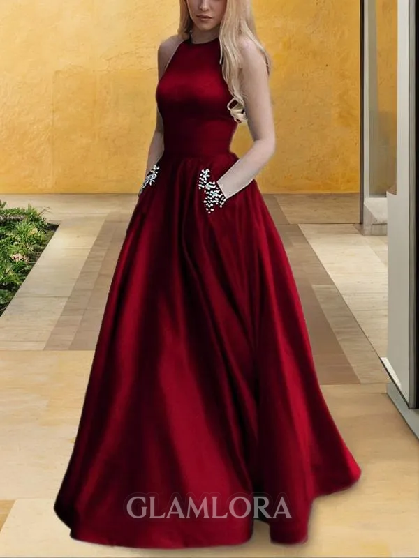 Flowing A-line Halter Sleeveless Floor-Length Satin Prom Dress With Beading