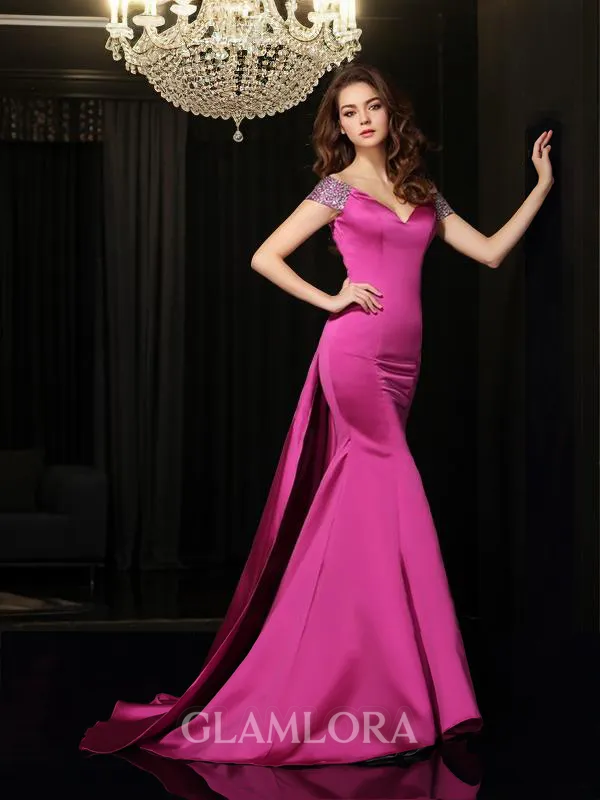 Trumpet/Mermaid Off-the-Shoulder Sleeveless Fitted Court Train Satin Prom Dress With Beading