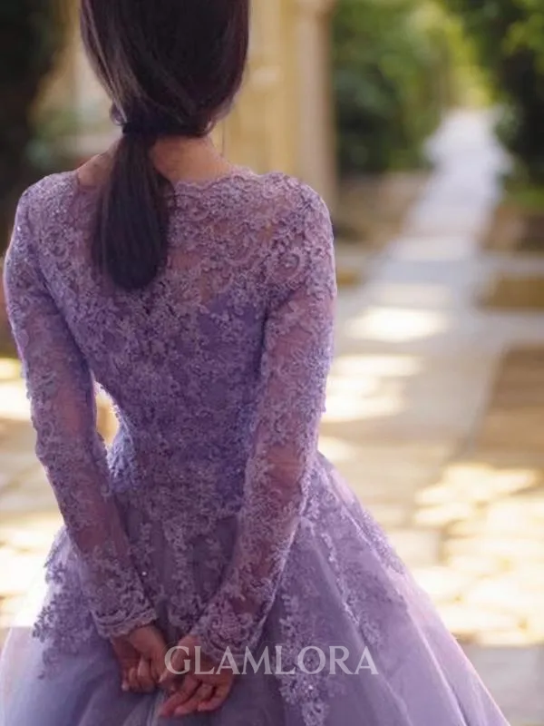 Ball-Gown Princess Jewel Long Sleeves Floor-Length Regal Tulle Prom Dress With Lace