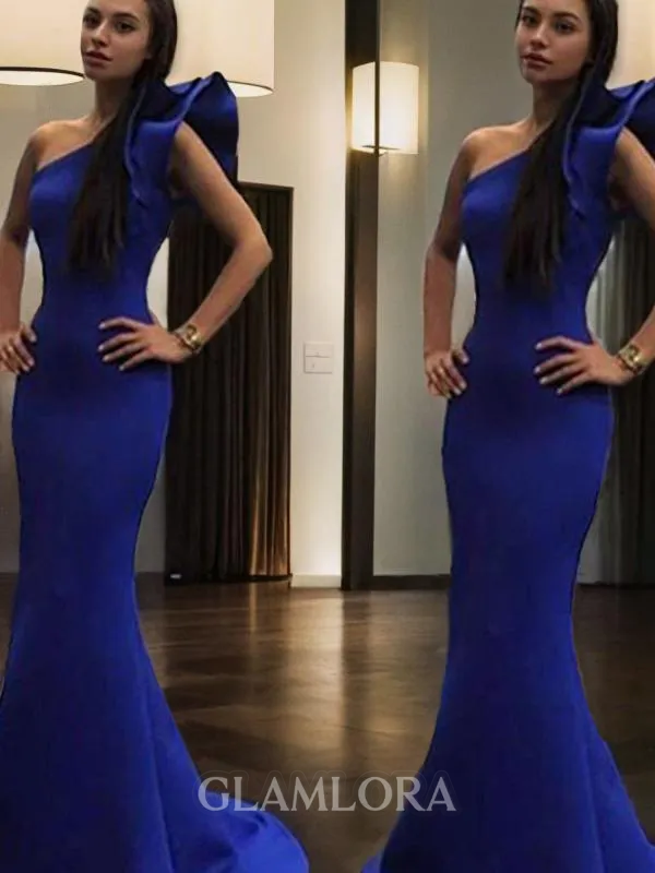 Trumpet/Mermaid One-Shoulder Sleeveless Sweep Train Curvaceous Stretch Crepe Prom Dress With Ruffles