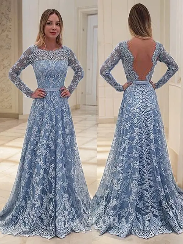 A-line Bateau Long Sleeves Floor-Length Lace Feminine Prom Dress With Ruffles