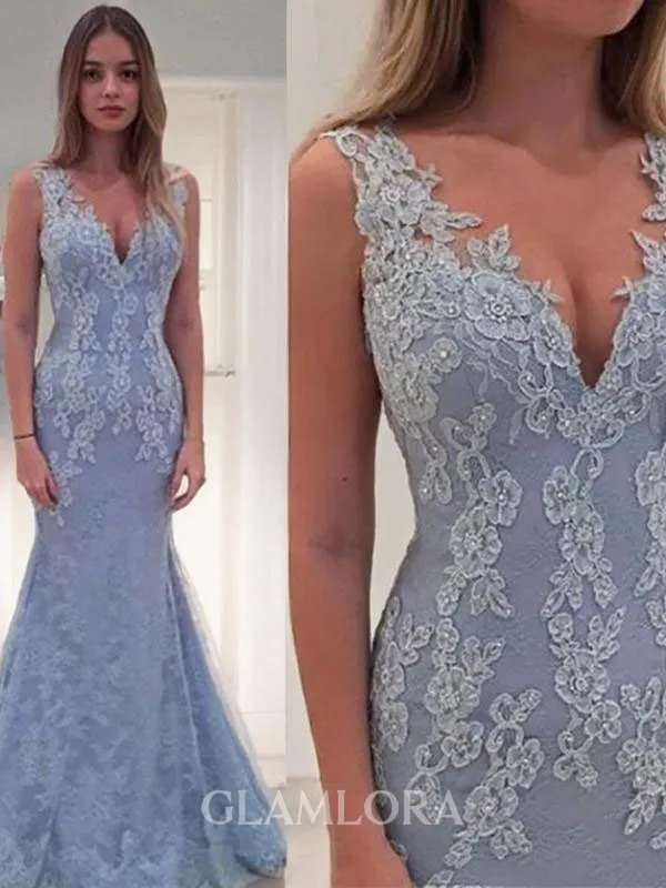 Trumpet/Mermaid V-Neck Sleeveless Dramatic Sweep Train Lace Prom Dress With Applique