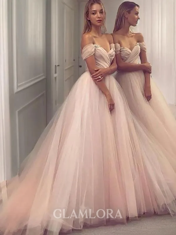 A-line Princess Off-the-Shoulder Sleeveless Sweep Train Delicate Tulle Prom Dress With Beading