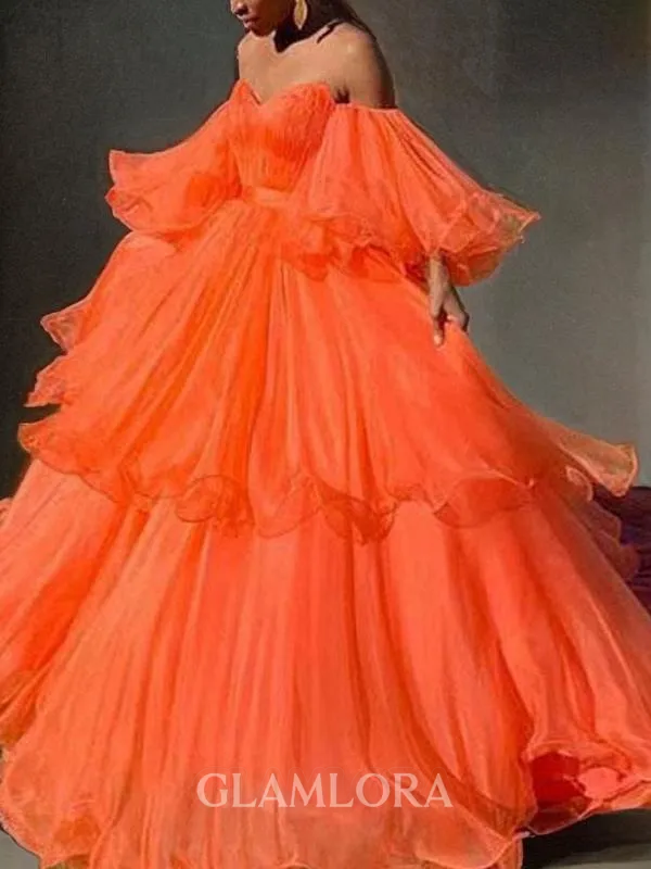 A-line Refined Off-the-Shoulder Long Sleeves Sweep Train Organza Prom Dress With Layers