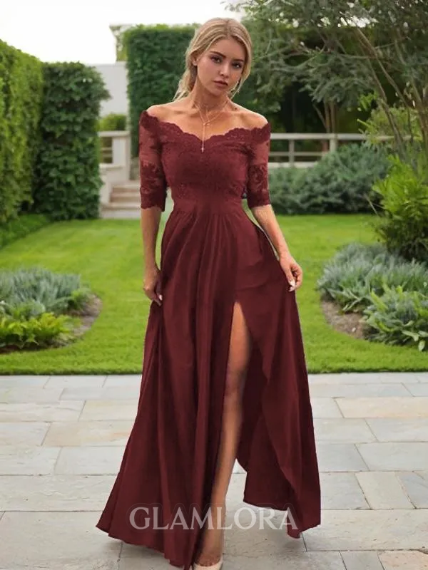 A-line Off-the-Shoulder Timeless 1/2 Sleeves Floor-Length Stretch Crepe Prom Dress With Slit