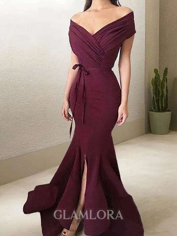 Trumpet/Mermaid Off-the-Shoulder Sleeveless Floor-Length Seductive Stretch Crepe Prom Dress With Slit