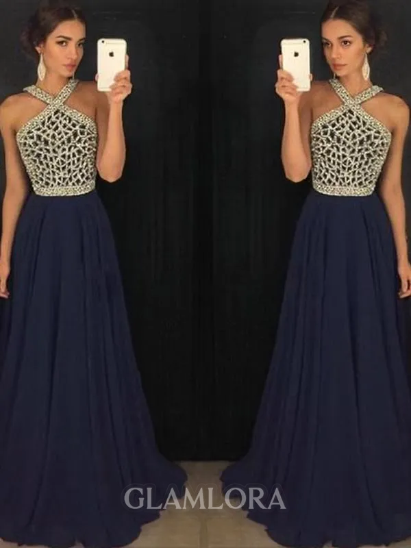 A-line Elegant Halter Sleeveless Floor-Length Chiffon Prom Dress With Beading