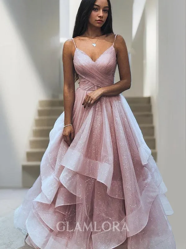 A-line Spaghetti Straps Sleeveless Floor-Length Chic Tulle Prom Dress With Ruffles