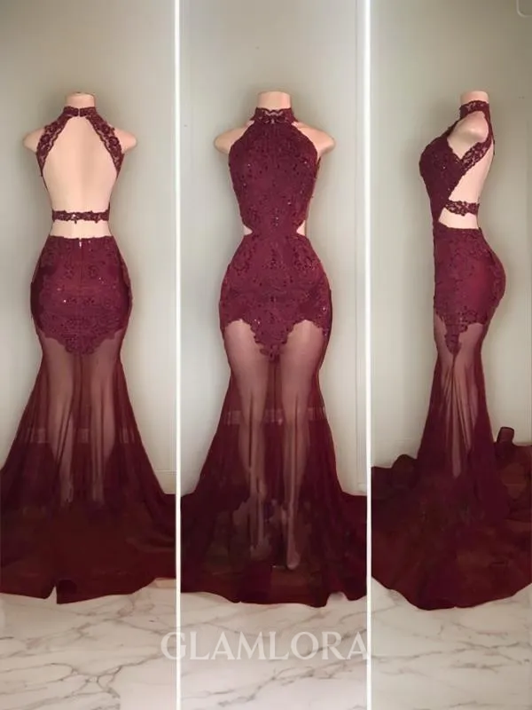 Trumpet/Mermaid Halter Sleeveless Court Train Tulle Striking Prom Dress With Applique