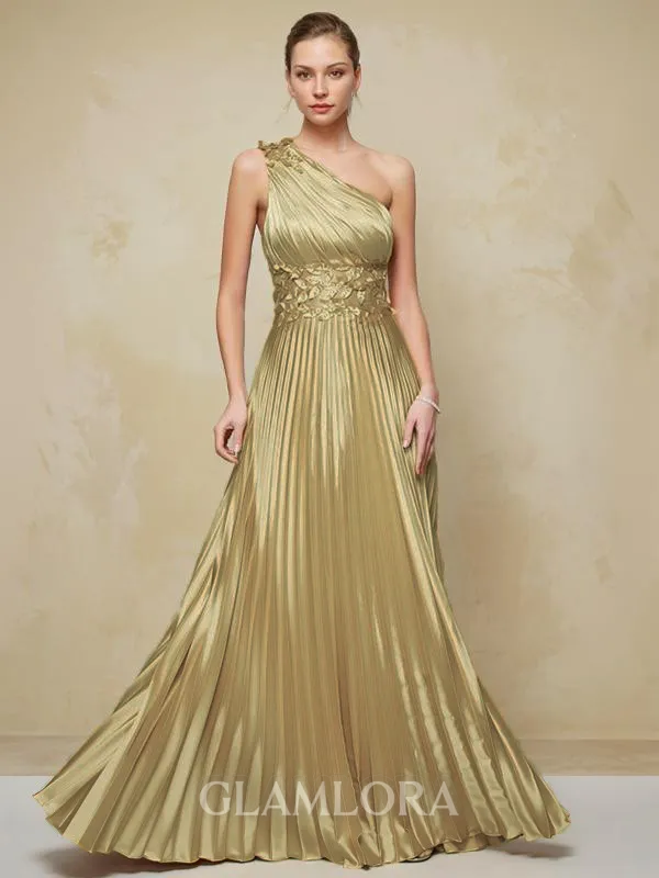 Charming A-line One-Shoulder Sleeveless Floor-Length Silk like Satin Prom Dress With Hand-Made Flower