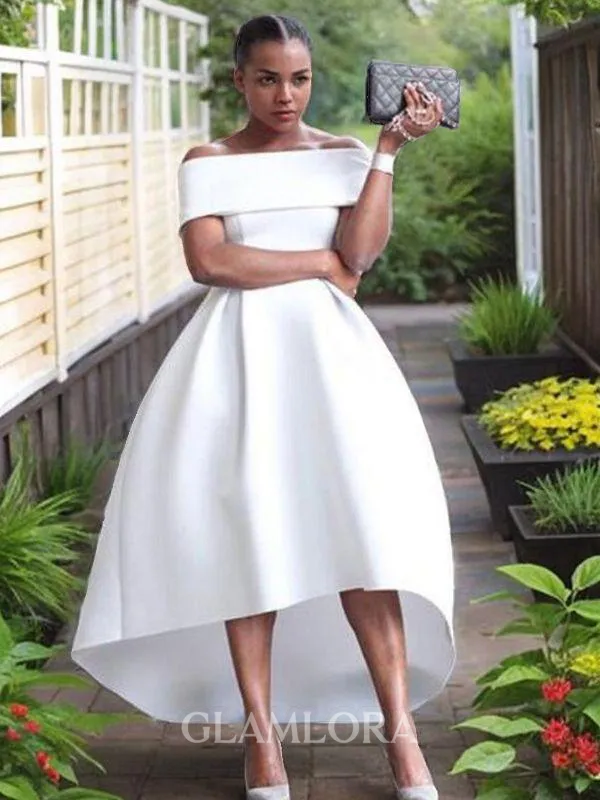 A-line Off-the-Shoulder Stunning Sleeveless Asymmetrical Satin Prom Dress With Ruffles