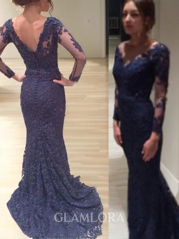 Trumpet/Mermaid V-Neck Long Sleeves Sensual Sweep Train Lace Prom Dress With Applique