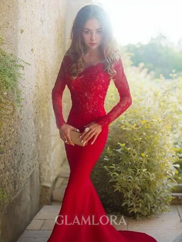 Trumpet/Mermaid Off-the-Shoulder Long Sleeves Sweep Train Flair Silk like Satin Prom Dress With Lace