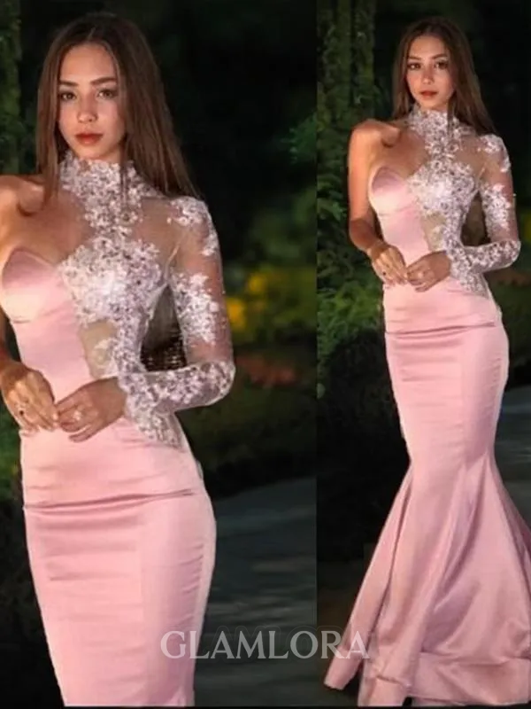 Trumpet/Mermaid One-Shoulder Long Sleeves Enchanting Sweep Train Silk like Satin Prom Dress With Applique