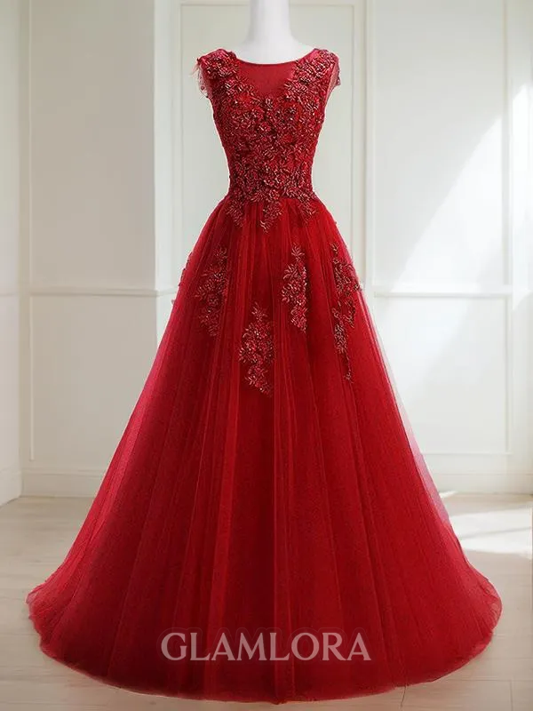 A-line Princess Scoop Sleeveless Sweep Train Trendy Tulle Prom Dress With Applique