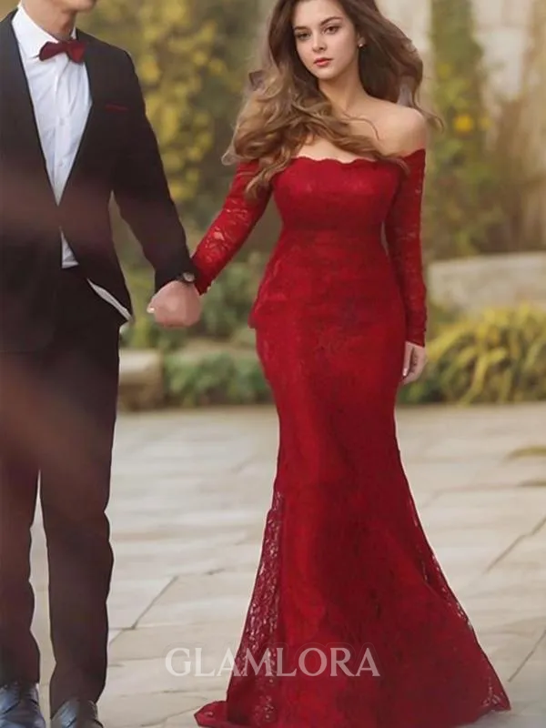 Svelte Trumpet/Mermaid Off-the-Shoulder Long Sleeves Sweep Train Lace Prom Dress With Ruffles