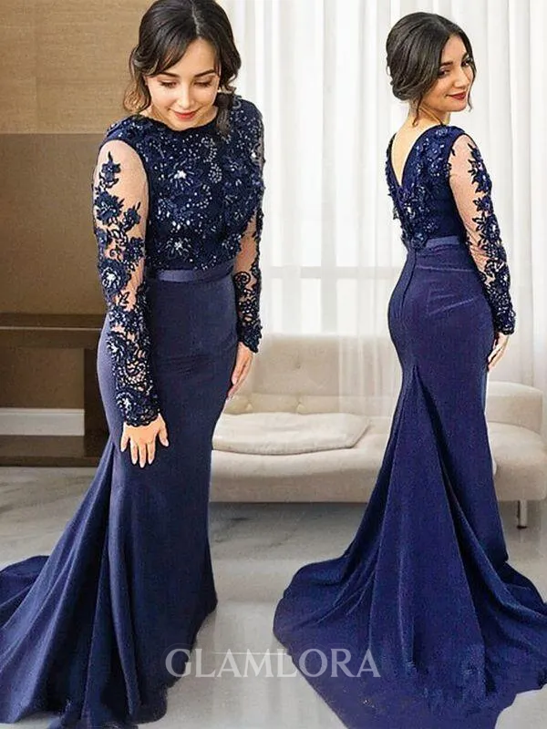 Trumpet/Mermaid Exquisite Scoop Long Sleeves Sweep Train Silk like Satin Prom Dress With Lace