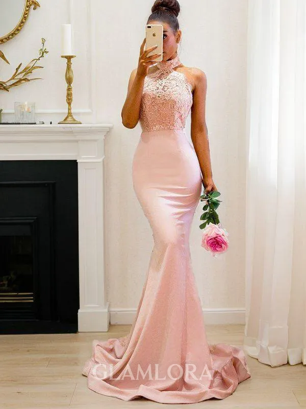 Trumpet/Mermaid Halter Sleeveless Sweep Train Captivating Charmeuse Prom Dress With Lace