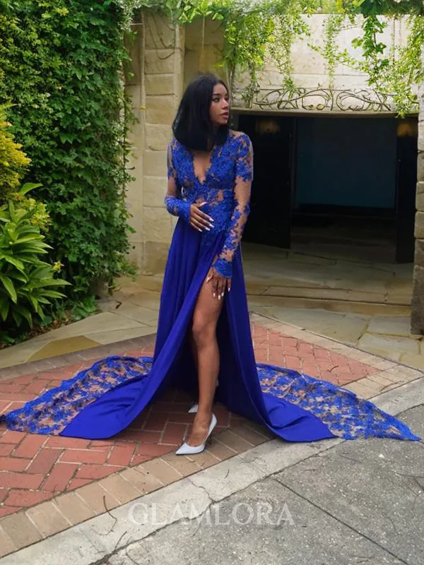 A-line V-Neck Long Sleeves Court Train Silk like Satin Glam Prom Dress With Applique