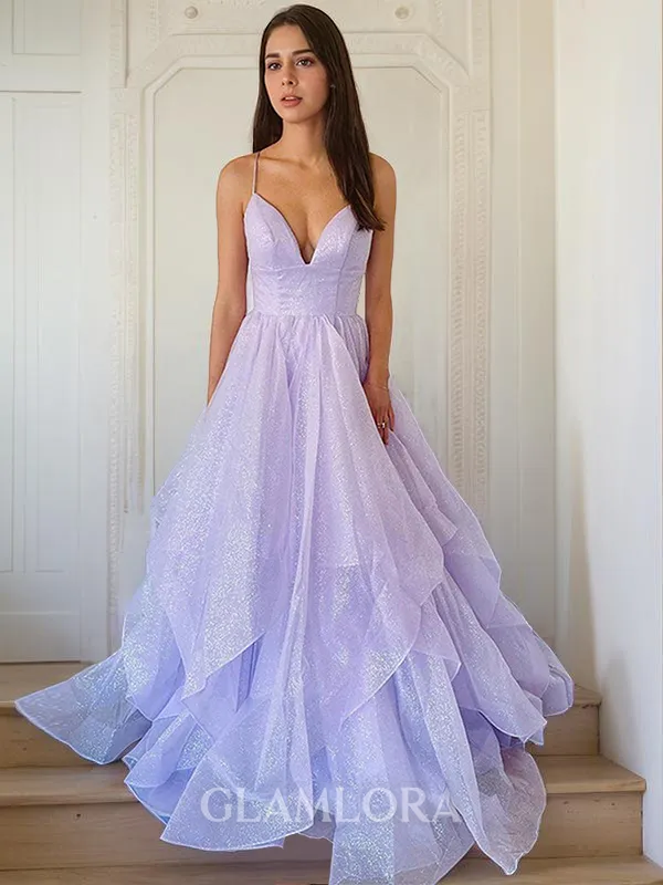 A-line Unique V-Neck Sleeveless Sweep Train Prom Dress