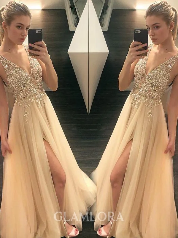 A-line Princess V-Neck Pretty Sleeveless Floor-Length Tulle Prom Dress With Beading