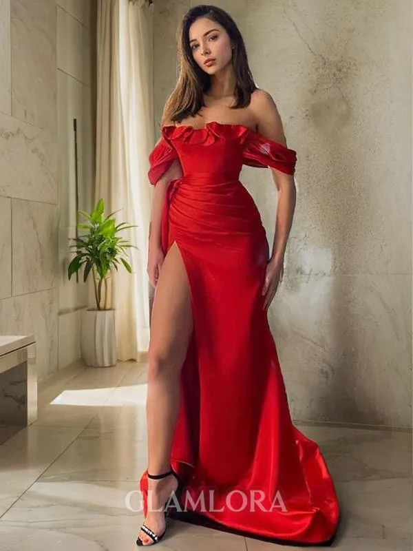 Sheath/Column Off-the-Shoulder Sleeveless Sweep Train Refined Satin Prom Dress