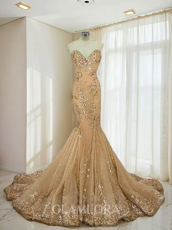 Trumpet/Mermaid Sweetheart Sleeveless Sweep Train Fitted Tulle Prom Dress With Sequins