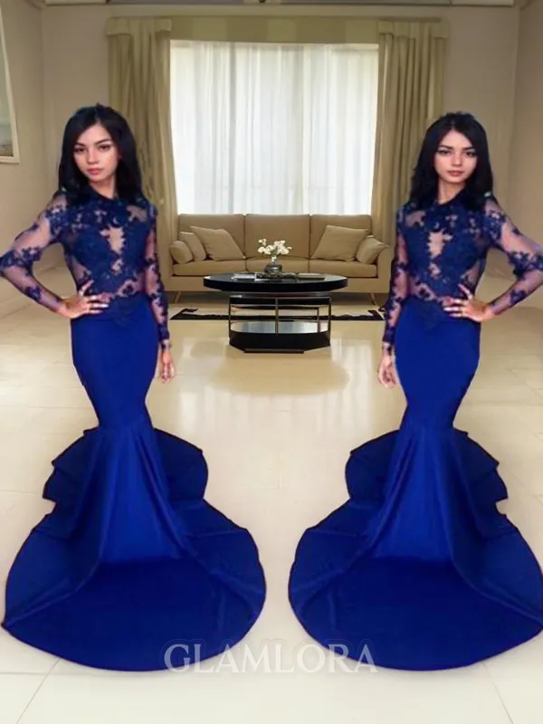 Trumpet/Mermaid Scoop Elegant Long Sleeves Sweep Train Silk like Satin Prom Dress With Lace