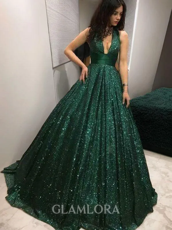 Ball-Gown Halter Sleeveless Floor-Length Sequins Lustrous Prom Dress With Ruffles