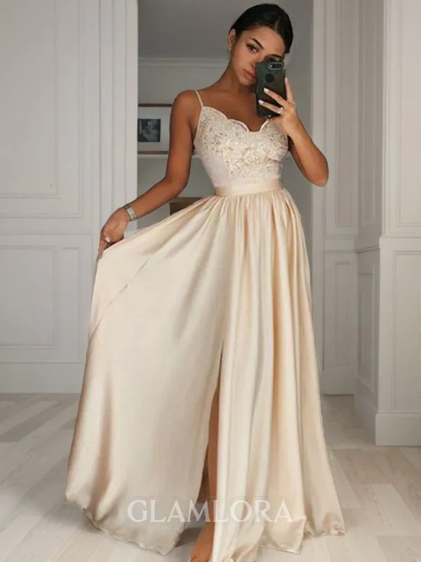 A-line Elegant Spaghetti Straps Sleeveless Floor-Length Silk like Satin Prom Dress With Applique