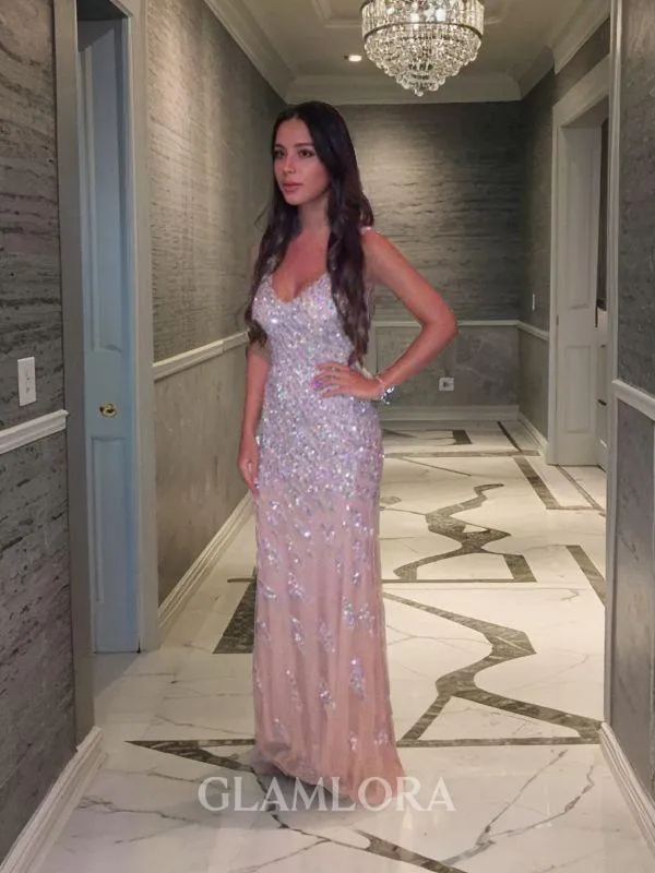 Trumpet/Mermaid V-Neck Sleeveless Sweep Train Striking Tulle Prom Dress With Crystal