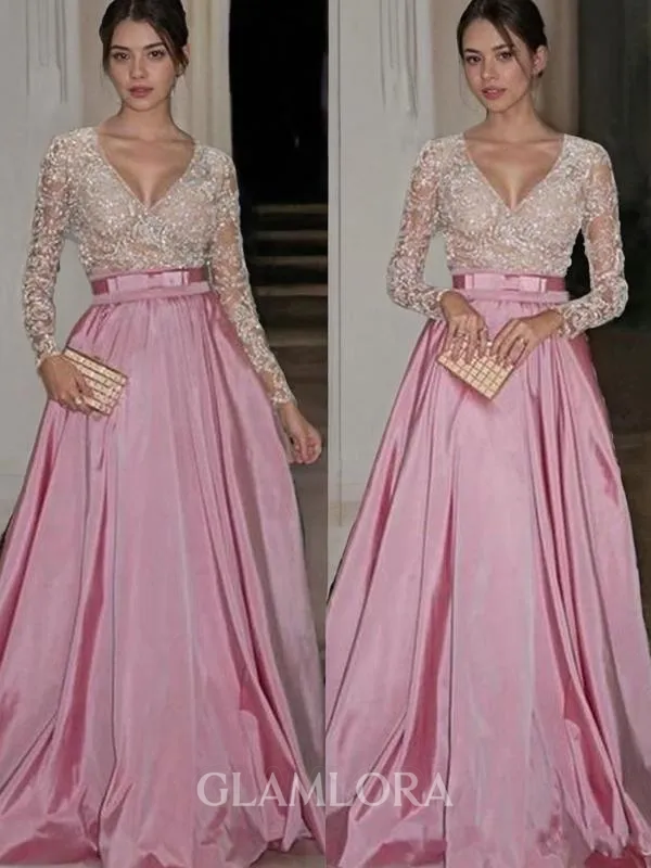 A-line V-Neck Long Sleeves Floor-Length Taffeta Modest Prom Dress With Lace