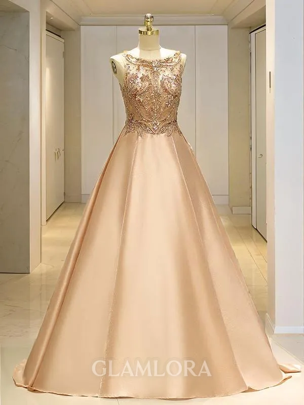 Ball-Gown Bateau Sleeveless Sweep Train Enchanting Satin Prom Dress With Beading