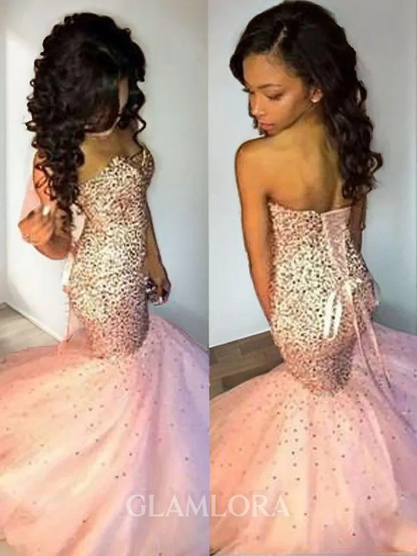 Trumpet/Mermaid Flair Sweetheart Sleeveless Sweep Train Tulle Prom Dress With Sequins
