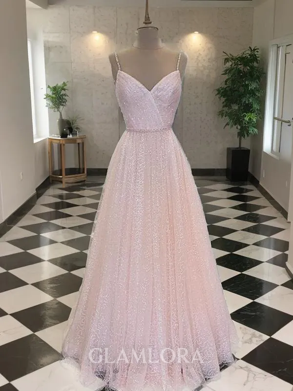 Subtle A-line Princess Spaghetti Straps Sleeveless Floor-Length Tulle Prom Dress With Ruffles