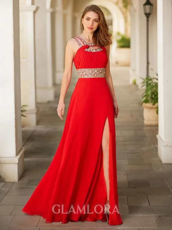 A-line Scoop Balanced Sleeveless Floor-Length Chiffon Prom Dress With Slit
