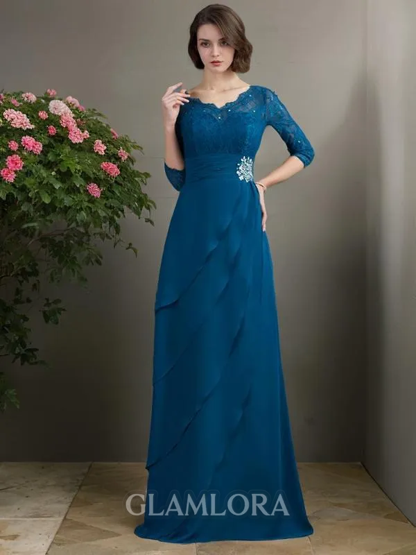 A-line V-Neck 3/4 Sleeves Floor-Length Refined Chiffon Prom Dress