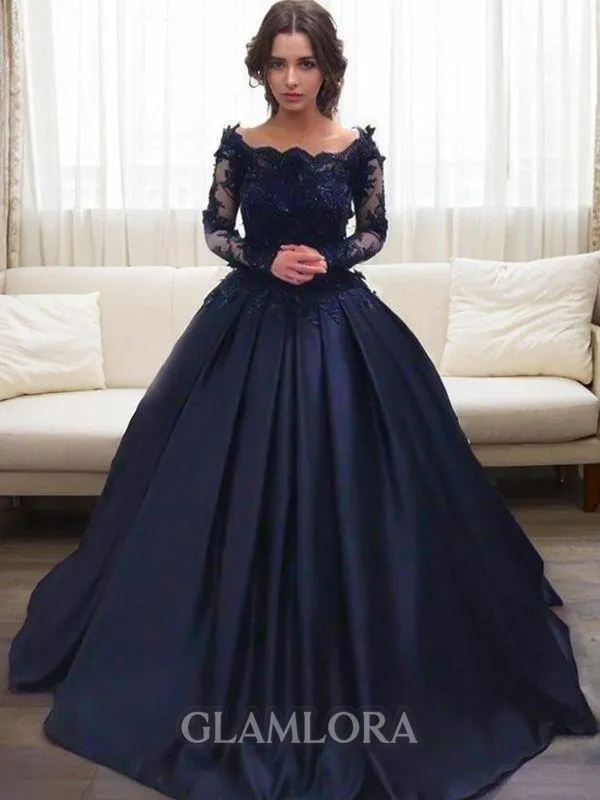 Ball-Gown Bateau Long Sleeves Sweep Train Graceful Satin Prom Dress With Applique