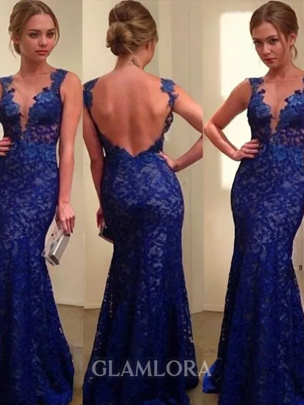 Trumpet/Mermaid V-Neck Sleeveless Sweep Train Lace Exquisite Prom Dress With Applique