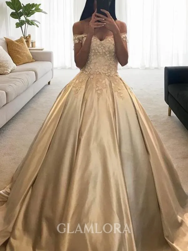 Romantic Ball-Gown Off-the-Shoulder Sleeveless Sweep Train Satin Prom Dress With Applique