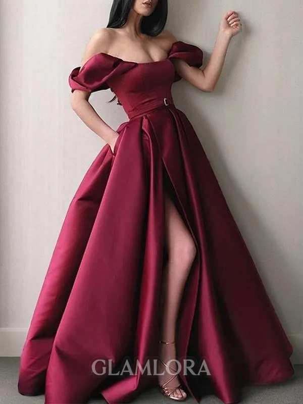 A-line Off-the-Shoulder Dreamy Sleeveless Floor-Length Satin Prom Dress With Sash