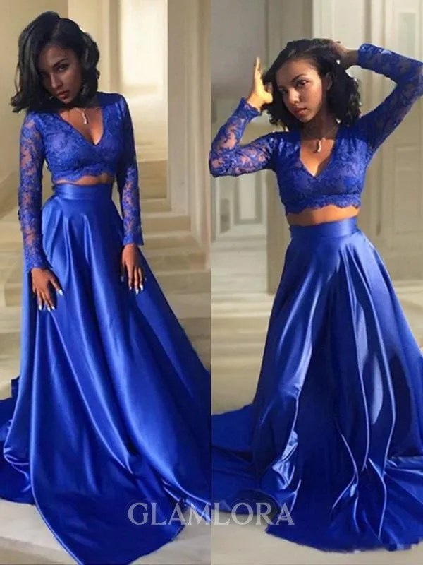 A-line V-Neck Long Sleeves Sweep Train Trendy Satin Prom Dress With Lace