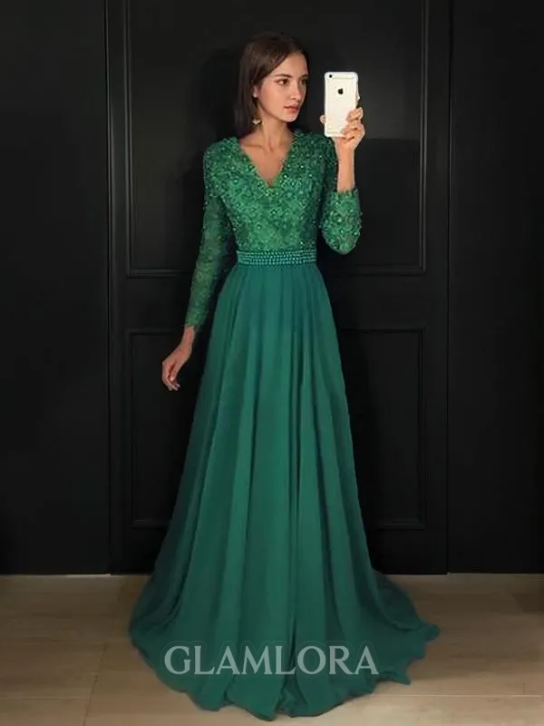 A-line V-Neck Long Sleeves Sweep Train Chiffon Glam Prom Dress With Lace