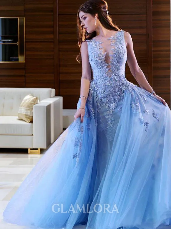 Whimsical Ball-Gown Princess Scoop Sleeveless Sweep Train Tulle Prom Dress With Applique