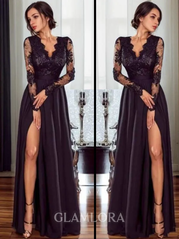A-line V-Neck Long Sleeves Floor-Length Classy Satin Chiffon Prom Dress With Slit