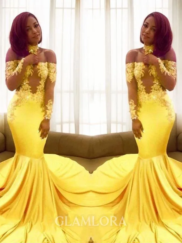 Trumpet/Mermaid Off-the-Shoulder Long Sleeves Sweep Train Fitted Silk like Satin Prom Dress With Applique