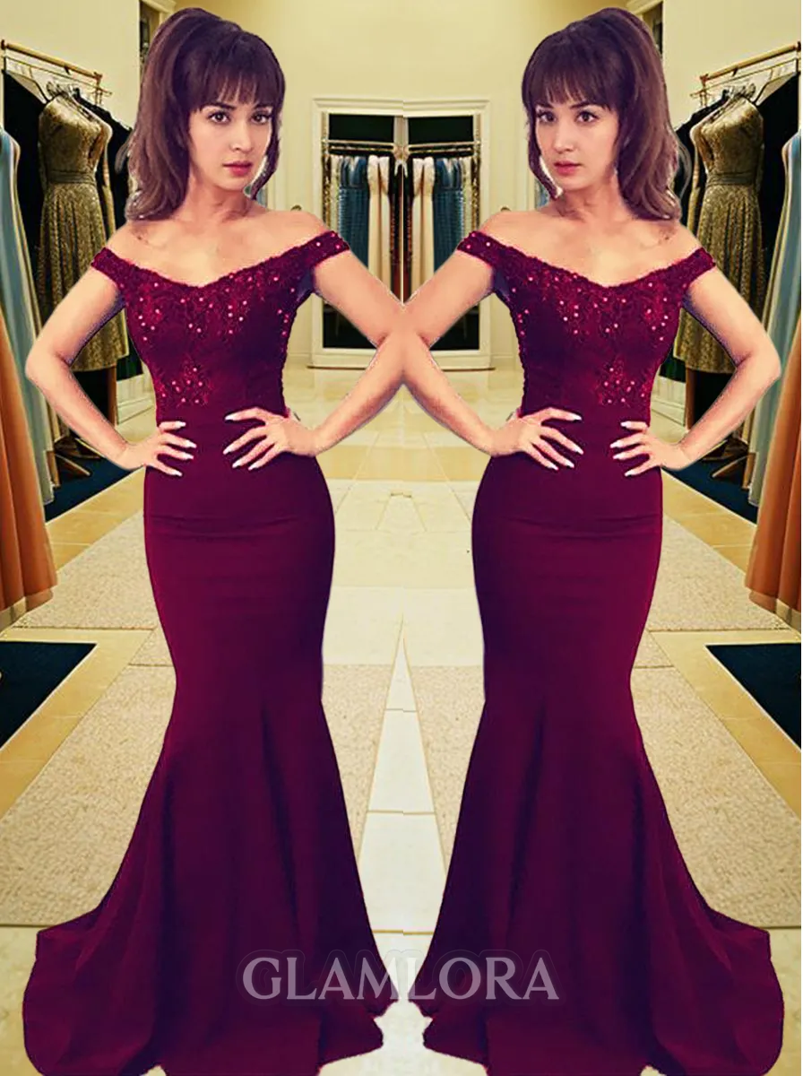 Trumpet/Mermaid Curvaceous Off-the-Shoulder Sleeveless Sweep Train Silk like Satin Prom Dress With Lace